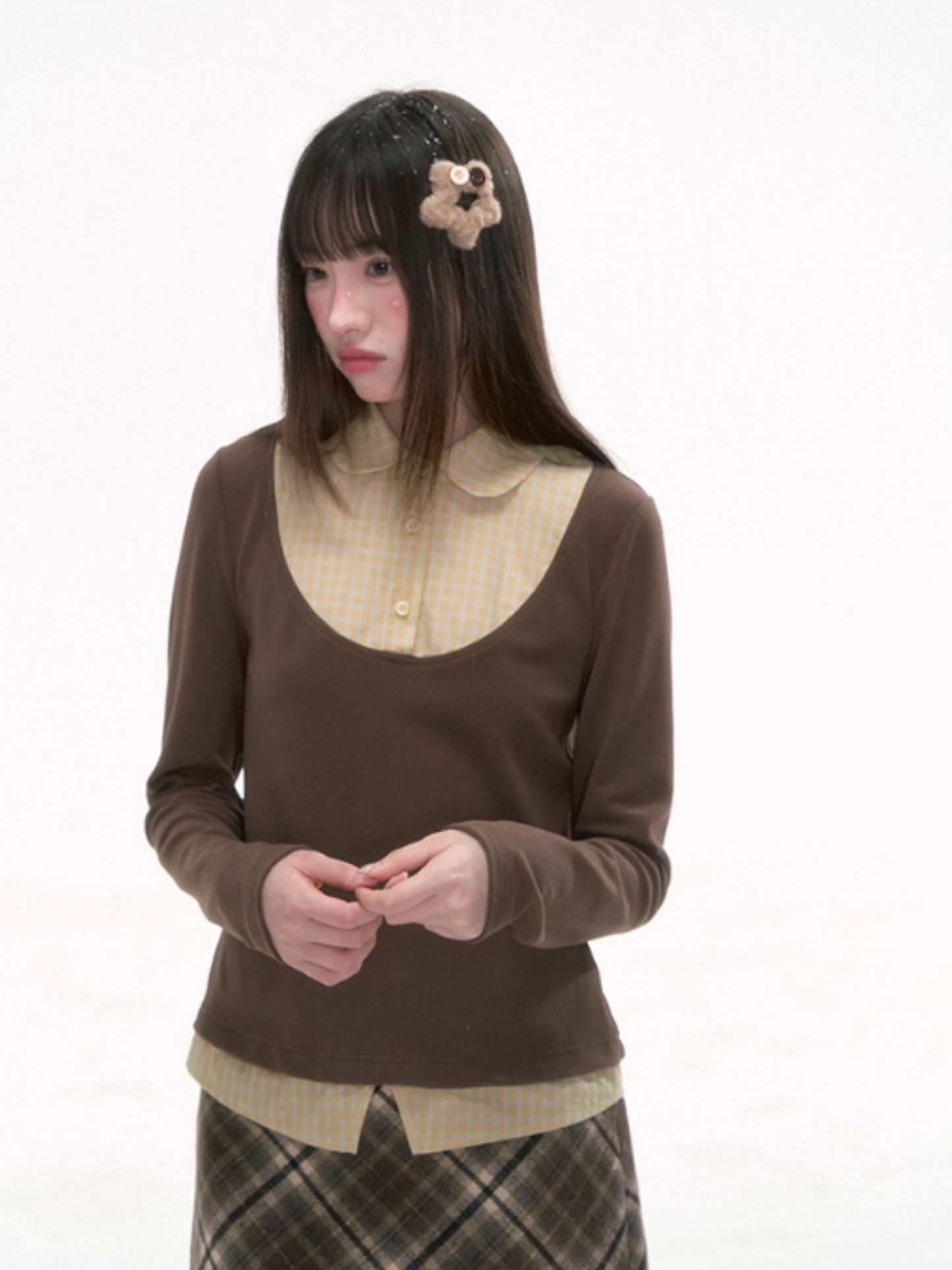 '格间絮语' Vintage Plaid Patchwork Knit Top – Brown/Yellow & Gray/Blue