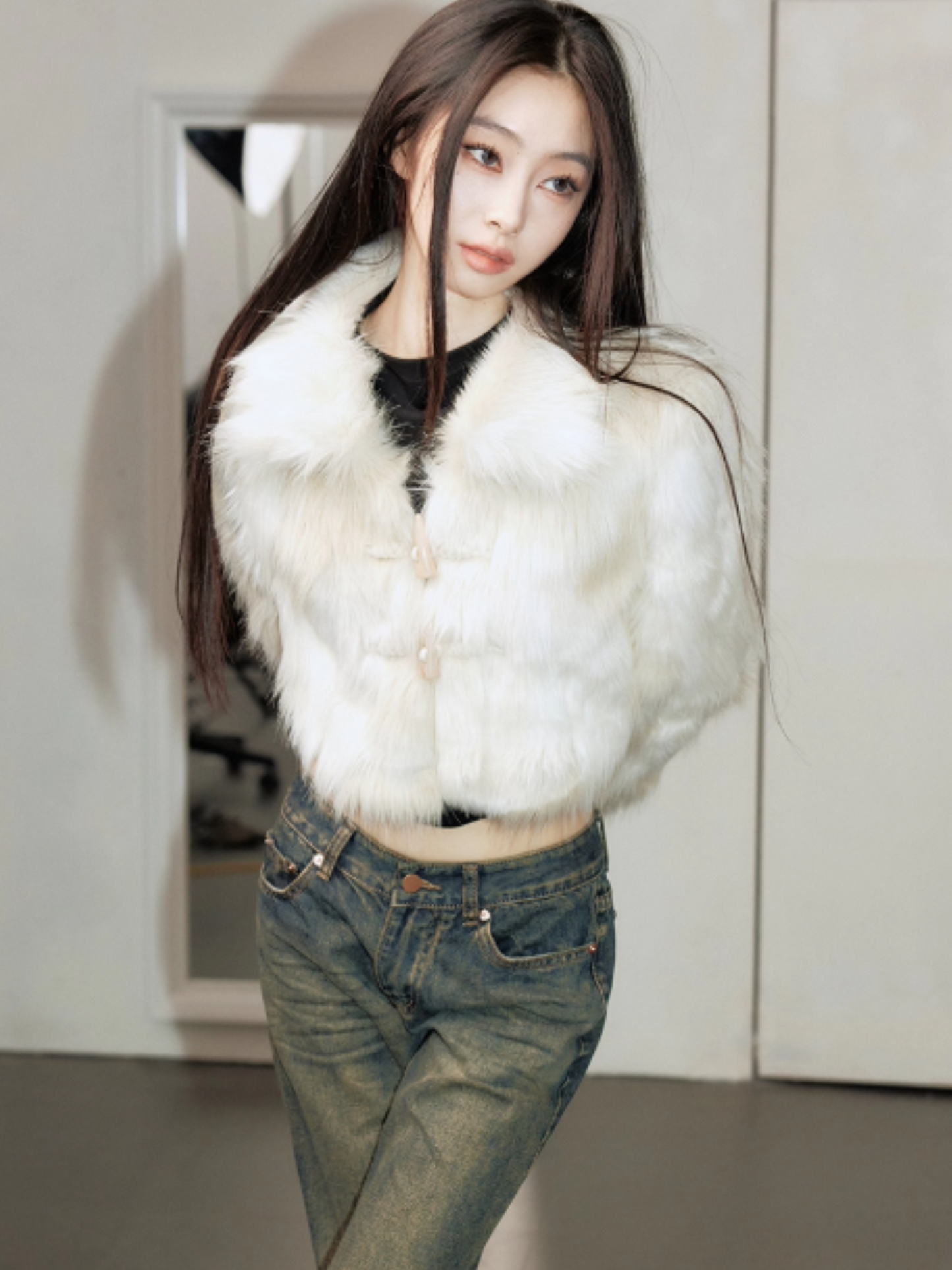 PCH - Cream White Faux Fur Coat with Toggle Buttons
