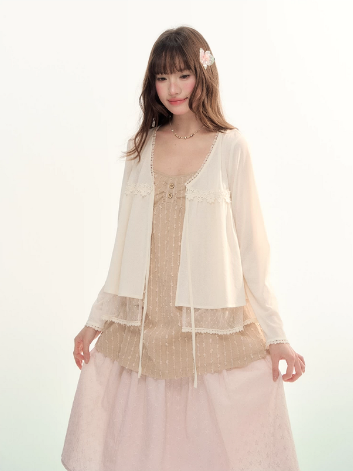 Soft Lace Tie-Front Cardigan & Cami Set LL2026100