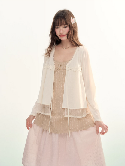 Soft Lace Tie-Front Cardigan & Cami Set LL2026100