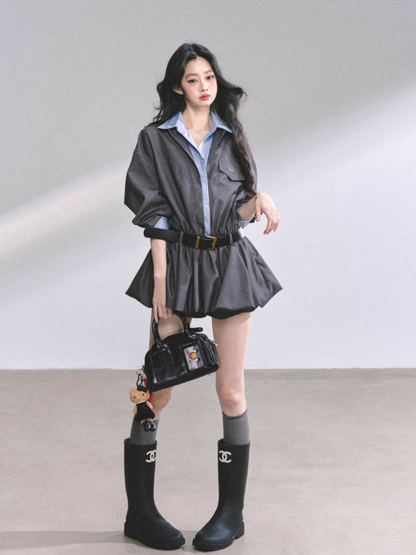 少也眼 Yale Preppy Puff Mini Dress Set with Shorts, Belt & Shawl (Gray)