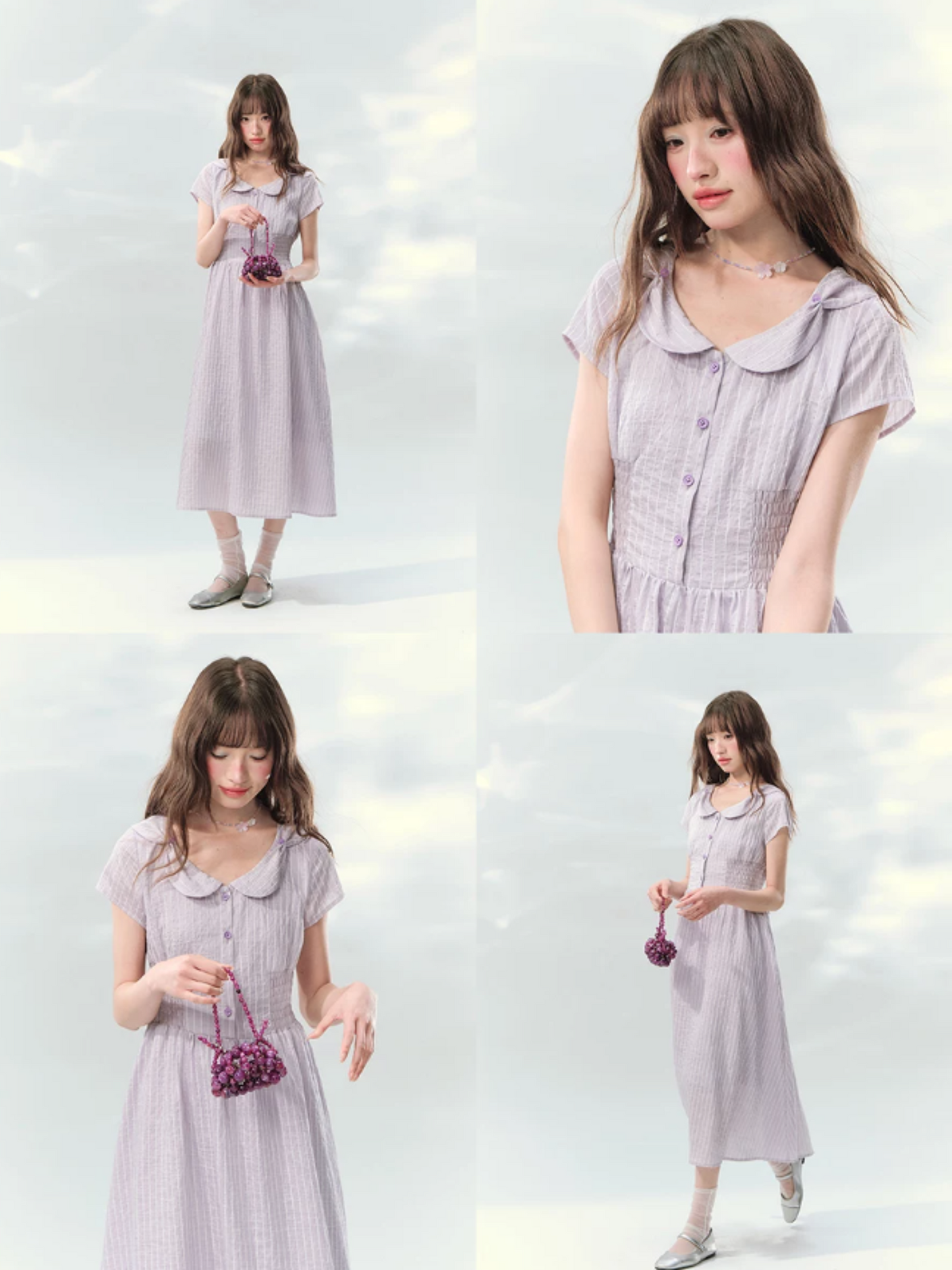 “Lavender Tea Mist” Lilac Stripe Puff Sleeve Dress LL2026137