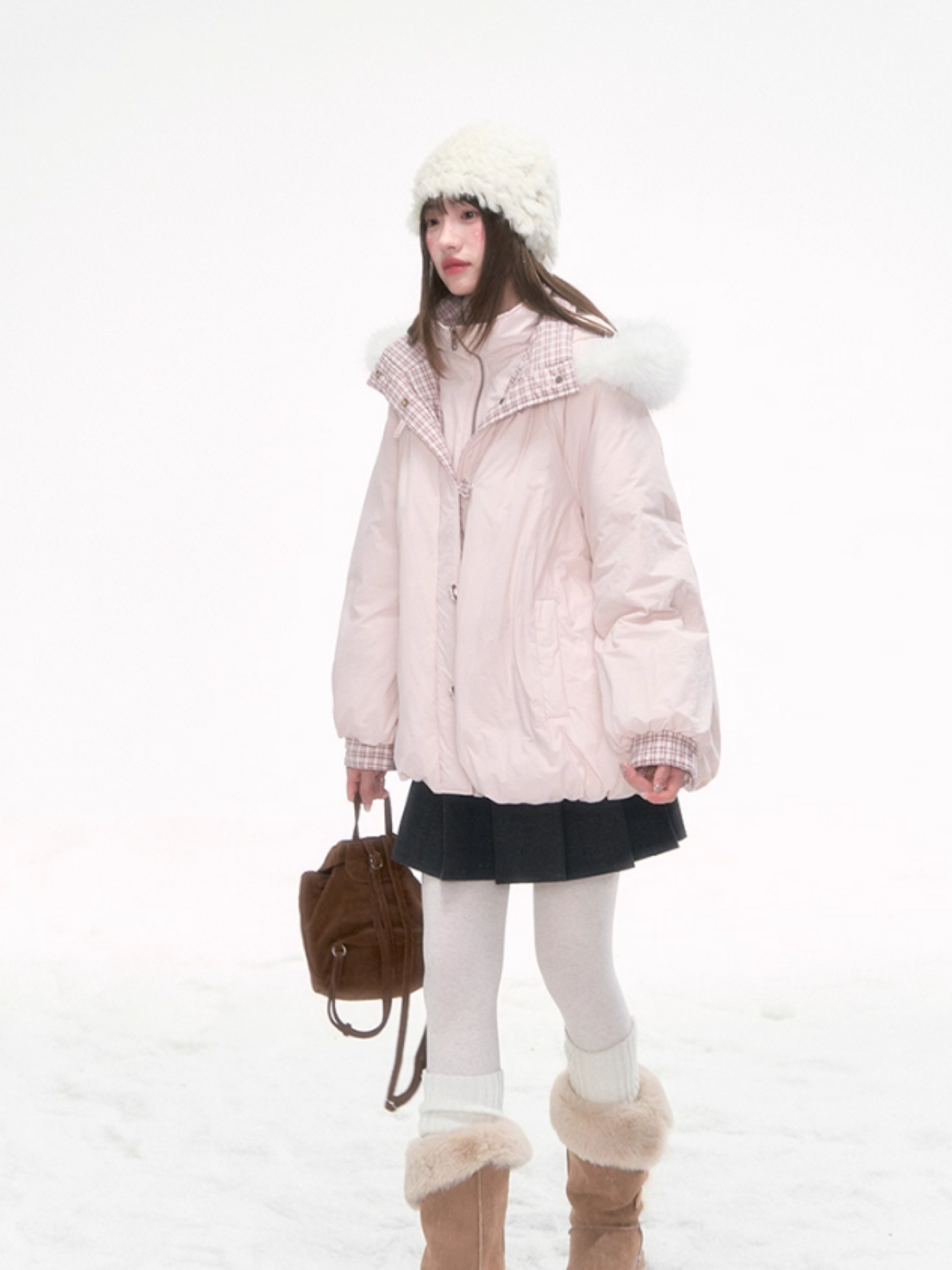 "Snow Mirage" Layered Bloom Down Parka – Pink Faux Two-Piece Hooded Coat with Fur Trim