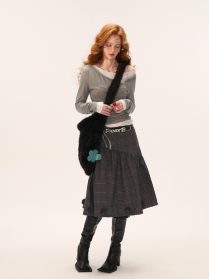 MAMC - Y2K Preppy Lace Trim Ruched Long Sleeve Top (Grey)