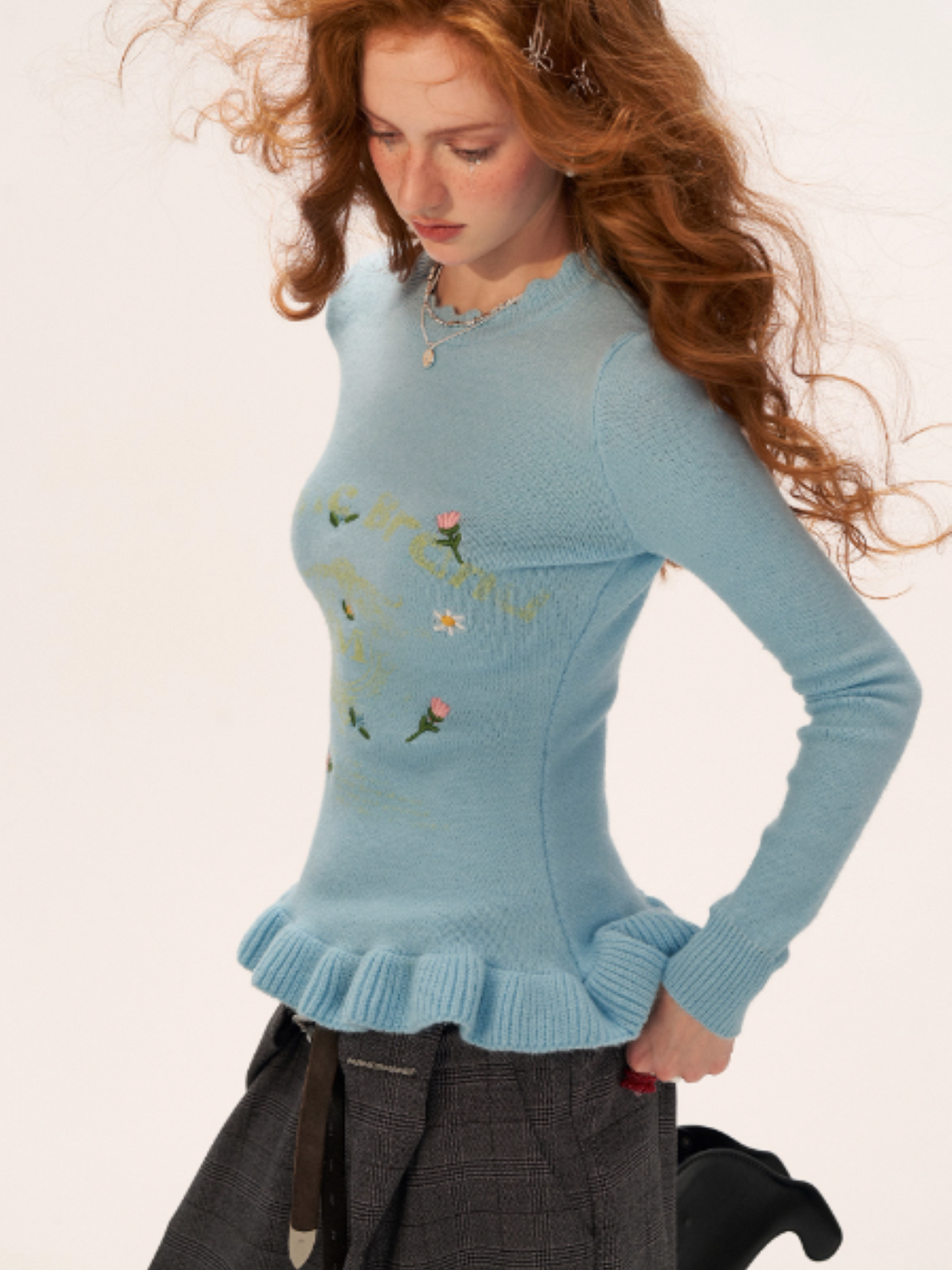 MAMC - Floral Embroidered Knit Sweater (Sky Blue)