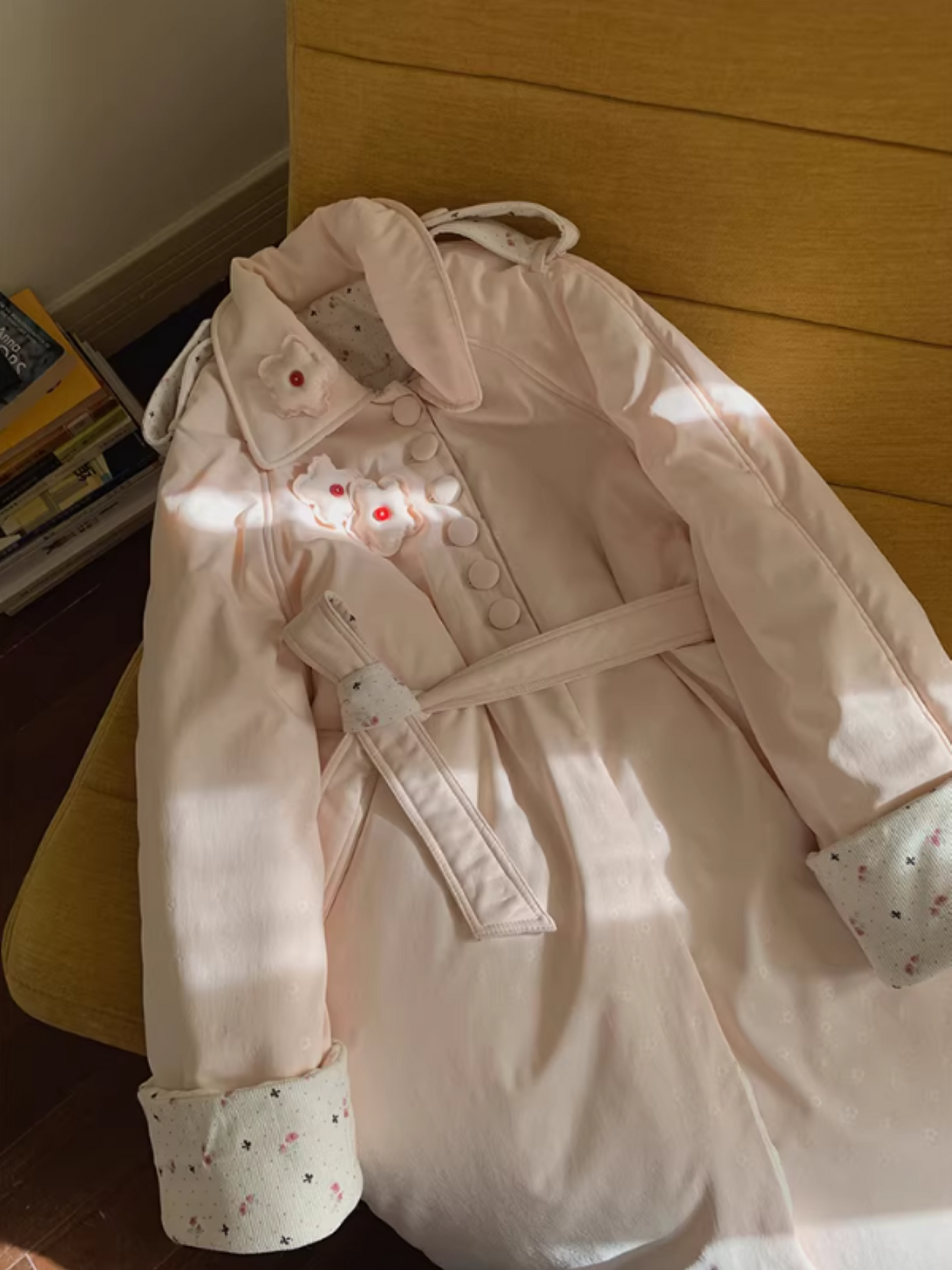 阮阮自制 - Honey Blossom Blush Floral Long Puffer Jacket