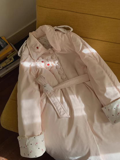 阮阮自制 - Honey Blossom Blush Floral Long Puffer Jacket