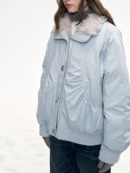 "Soft Mist Cove" Contrast Collar Down Jacket – Sky Blue & Light Gray LL2025308