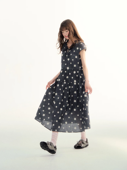 Navy Polka Dot Plaid Tie-Waist A-Line Dress LL2026095