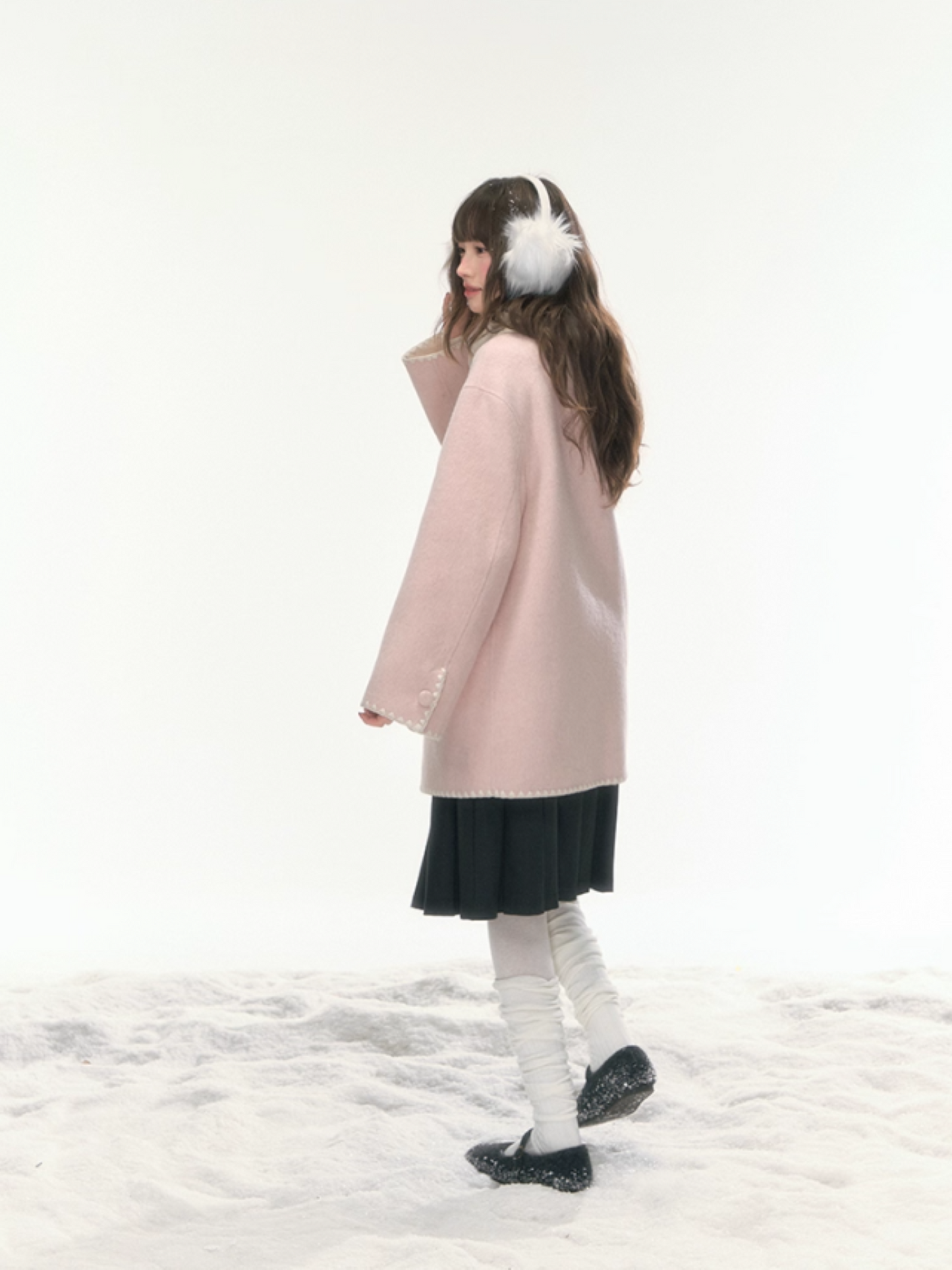"Morning Verse & Night Poem" Reversible Wool Two-Tone Overcoat - Pink × White LL2025455