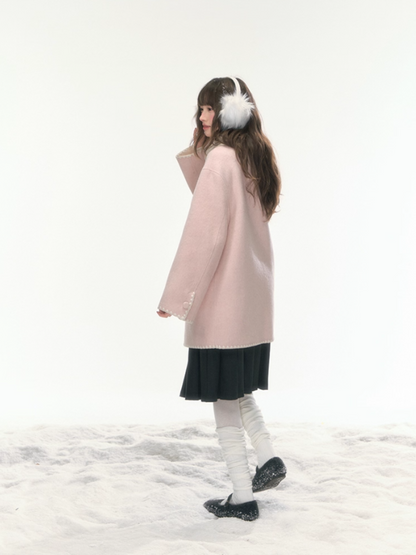 "Morning Verse & Night Poem" Reversible Wool Two-Tone Overcoat - Pink × White LL2025455