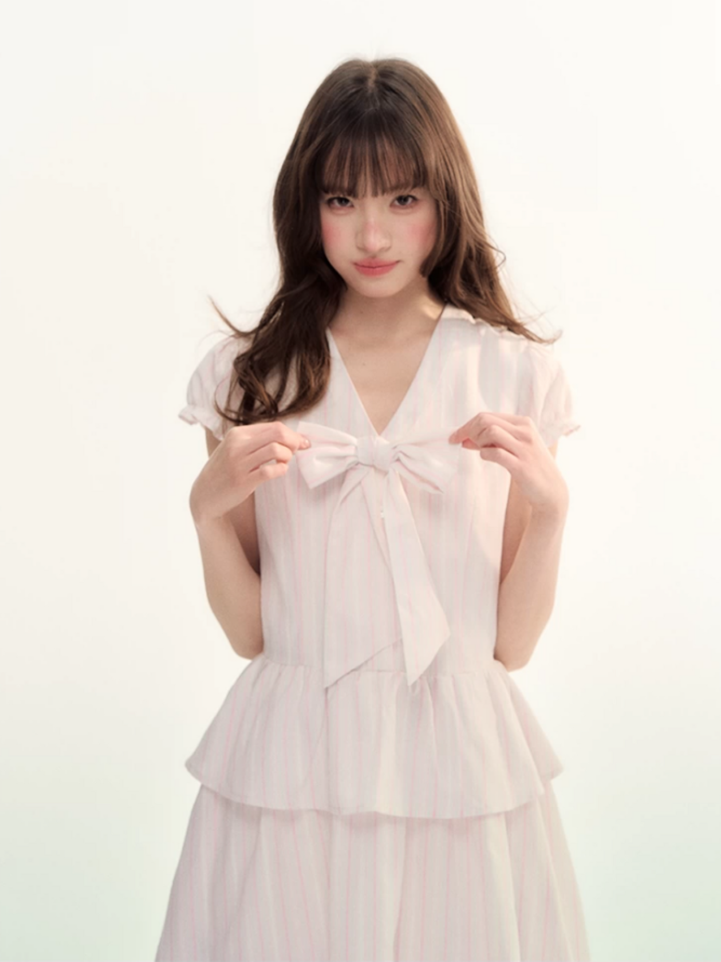Pink Stripe Bow Detail Midi Dress LL2026080