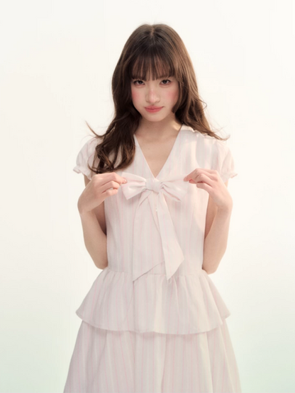Pink Stripe Bow Detail Midi Dress LL2026080