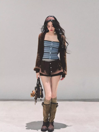 少也眼 Autumn Breeze Striped Knit Slim Vest Tee