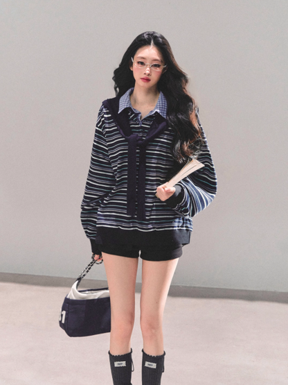 少也眼 "Unfinished Poem" Striped Polo Long Sleeve - Navy Striped