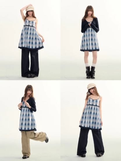 Blue Plaid Lace Trim Dress & Navy Cardigan Set  LL2026078