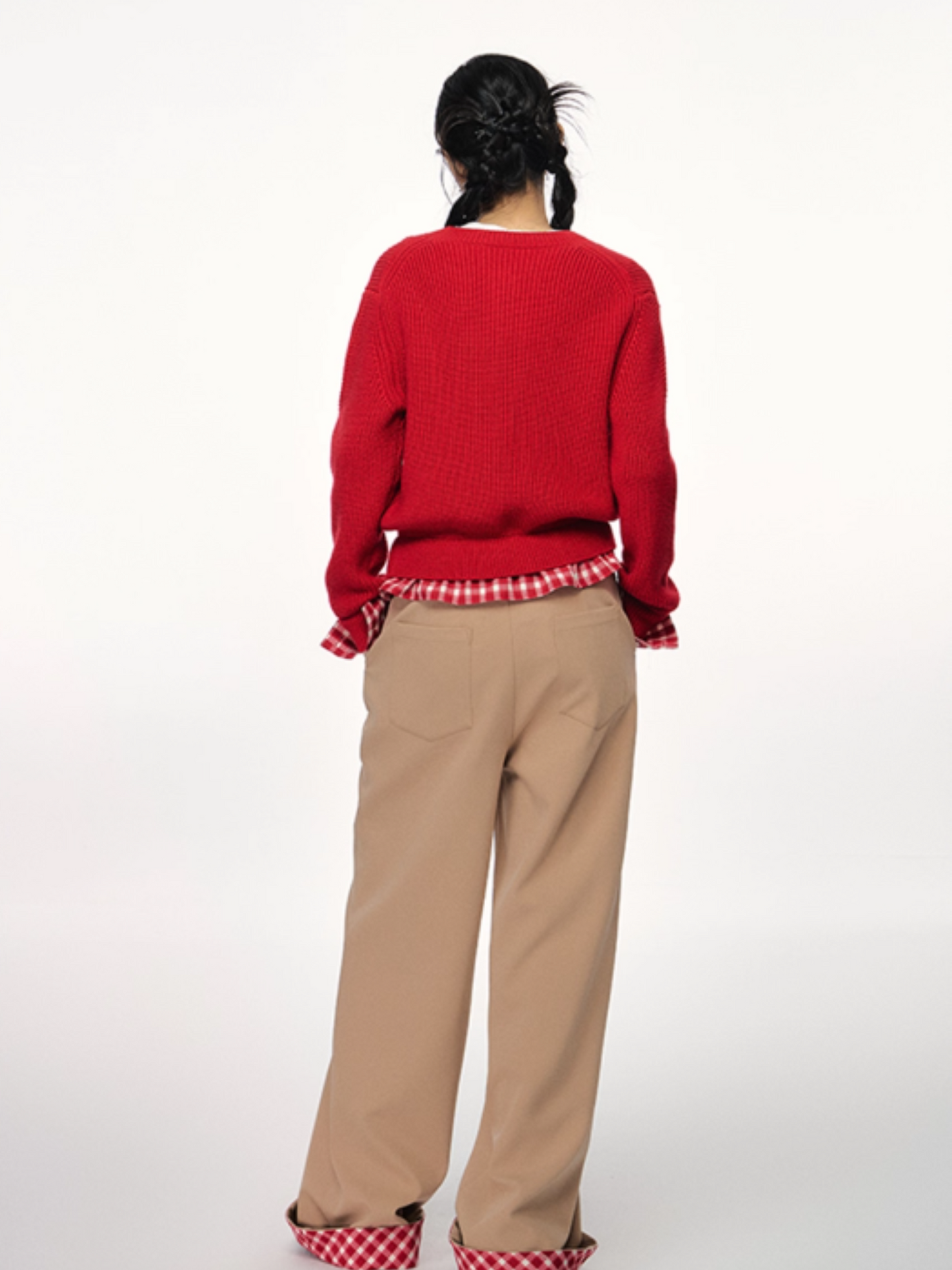 PCH - Tri-Color Layered Knit Cardigan with Contrast Panels (Red)
