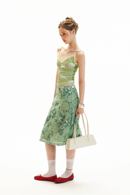 Mint Sequin Embroidered Midi Skirt