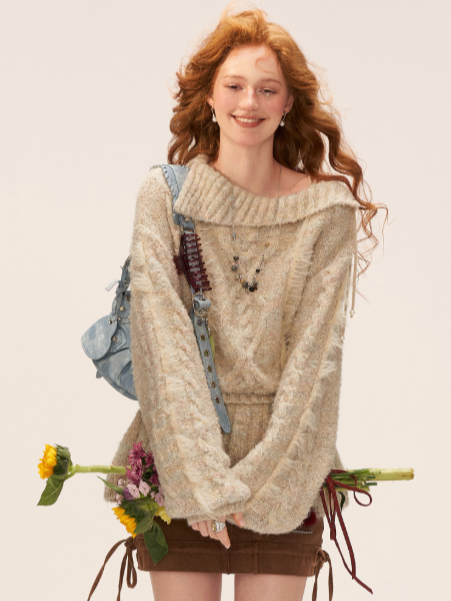 MAMC - Beige Cable Knit Tie-Waist Sweater WE835