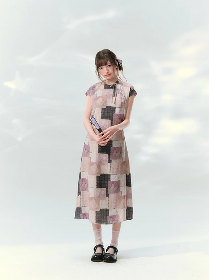 “Wisteria Poetry” Purple Patchwork Print Cheongsam Dress