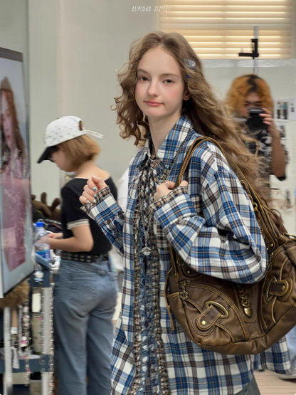ZiziFei - Oversized Vintage Plaid Shirt with Ruffles