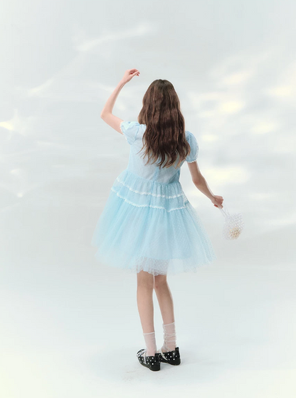 “Ice Blue Polka Dream” Blue Polka Dot Tiered Mini Dress