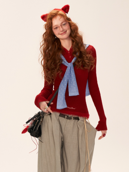 Cute Cat Ear Ribbed Knit Hoodie WE772 (Bold Red)