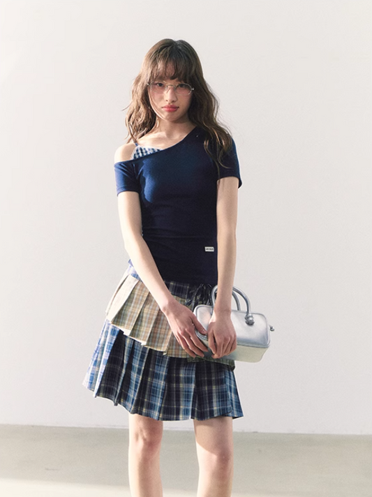 罐头粪便 - Preppy Gingham Patchwork One-Shoulder Tee – Slim Fit Summer Style