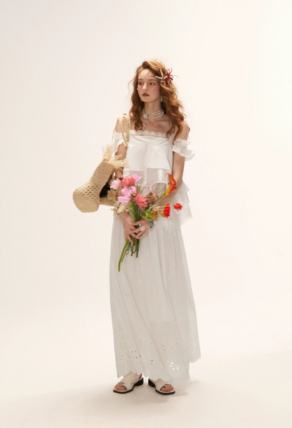 White Lace Ruffle Cami & Eyelet Maxi Skirt Set  WE991