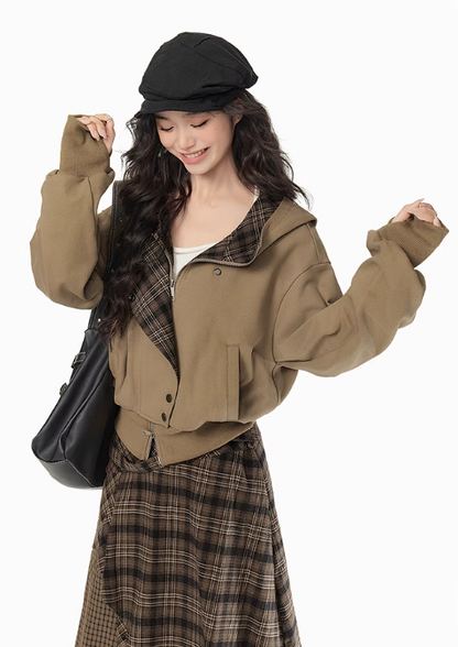 EPTISON - Y2K Plaid Patchwork Hooded Jacket