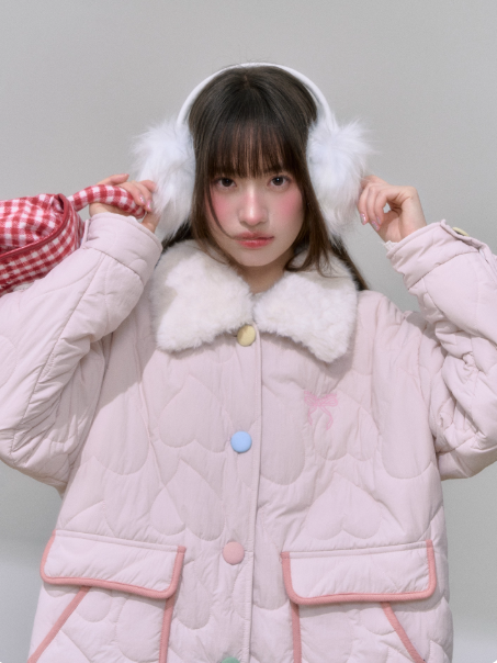 [CAN] Pink Heart Quilted Puffer Jacket with Detachable Faux Fur Collar
