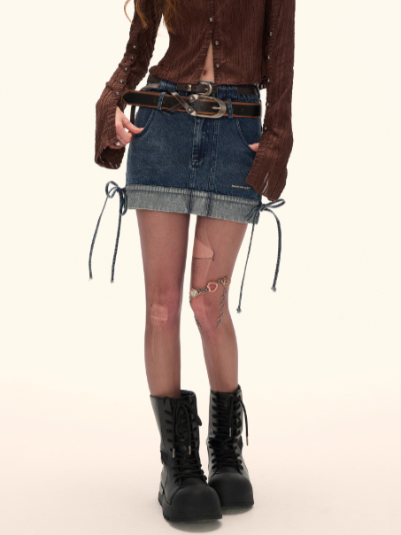 MAMC - Dual-Waist Drawstring Mini Skirt (Vintage Denim)