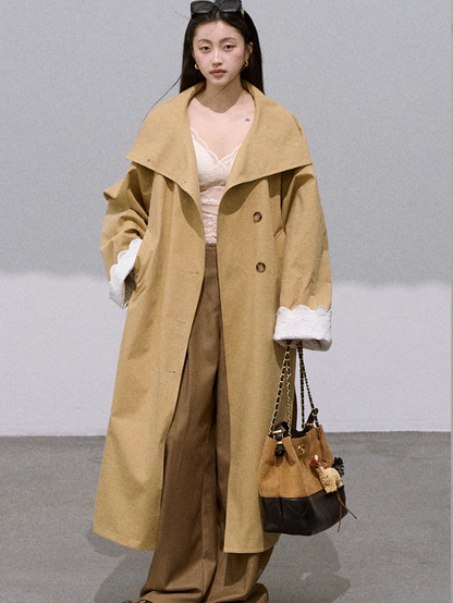 OAKMOO - "Grass Whisper" Oversized Long Trench Coat – Amber Khaki 25Q412
