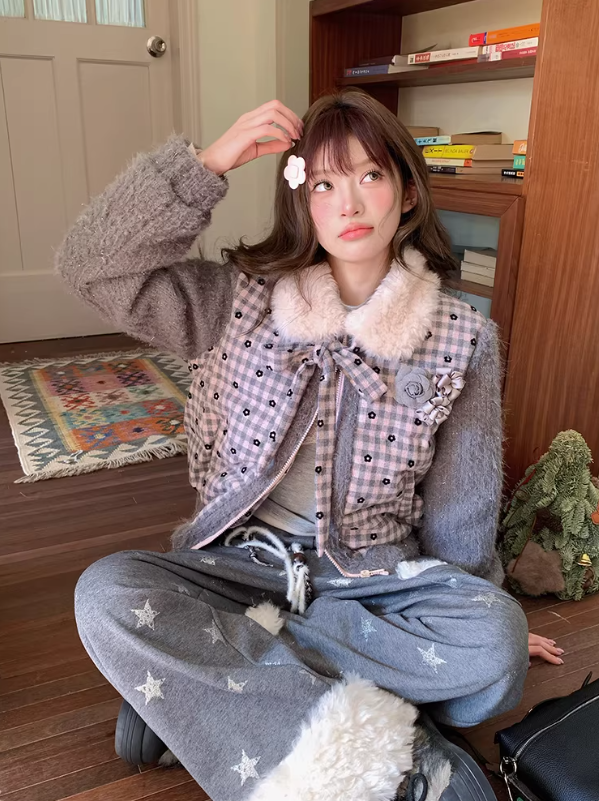 阮阮自制 - "Mist Isle Sakura" Faux-Layered Plaid Fur-Collar Puffer Jacket
