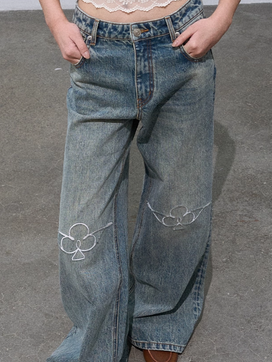OAKMOO - "Soft Ridge" Washed Cotton Denim Wide-Leg Jeans – Vintage Stonewash 25Q426