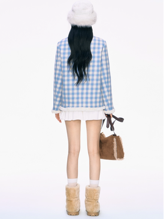 PCH - Chanel-Inspired Blue Tweed Wool-Blend Coat
