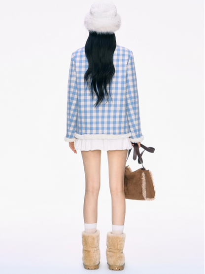 PCH - Chanel-Inspired Blue Tweed Wool-Blend Coat
