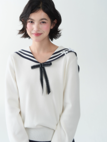罐头士多所 - Cream Knit Sailor Collar Sweater & Pleated Skirt Set – Preppy Soft Girl Outfit