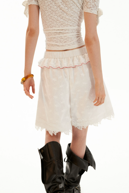 White Lace Trim Relaxed Cotton Shorts