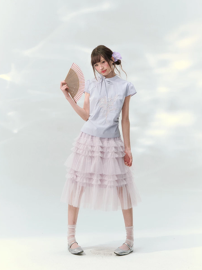 “Taro Peach Layers” Dusty Lilac Tiered Tulle Midi Skirt