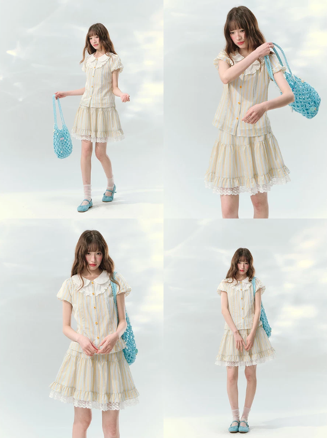 “Spring Lemon Breeze” Milk Blue Striped Shirt & Tiered Mini Skirt Set