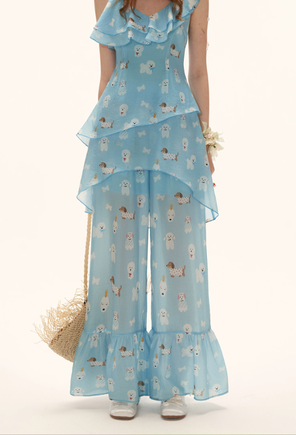 Sky Blue Puppy Print Ruffle Cami & Wide-Leg Pants Set WE969