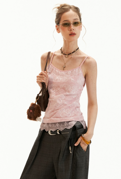 Floral Lace Trim Cami & Tie-Front Cardigan Set WE957