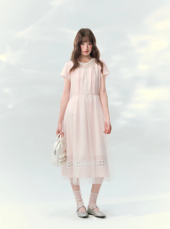 “Peach Bubble Romance” Pink Polka Dot Lace Midi Dress