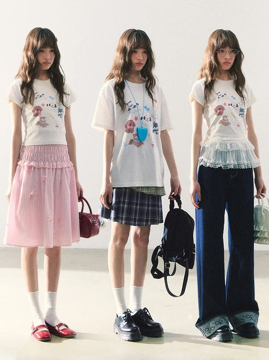 罐头粪便 - Vintage Puppy Print T-Shirt – Regular Fit & Crop Top Options