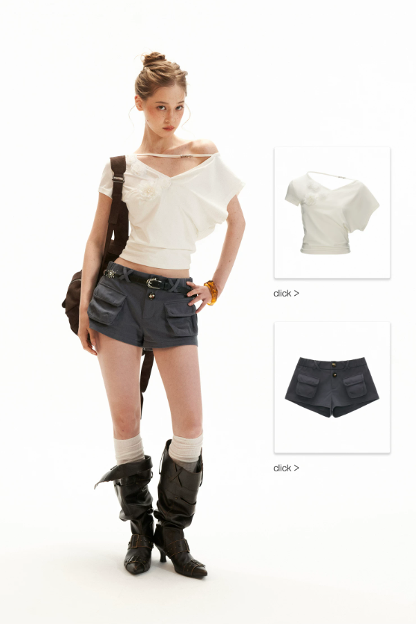 White Asymmetrical Flower Ruched Crop Top WE943