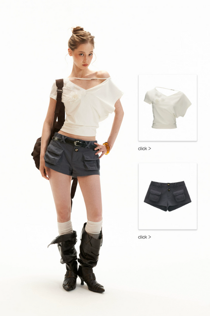 White Asymmetrical Flower Ruched Crop Top WE943