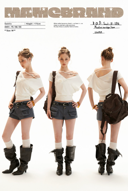 White Asymmetrical Flower Ruched Crop Top WE943