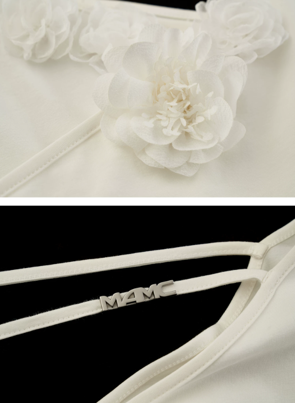 White Asymmetrical Flower Ruched Crop Top WE943