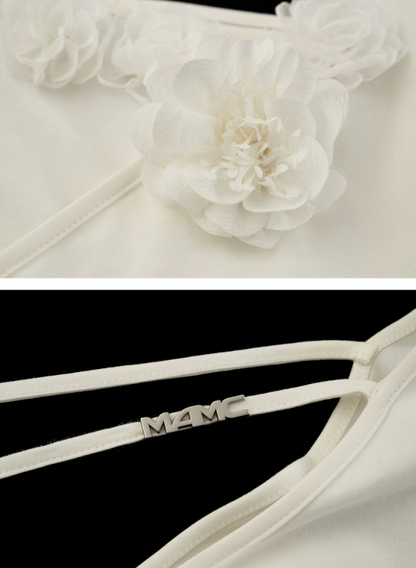 White Asymmetrical Flower Ruched Crop Top WE943